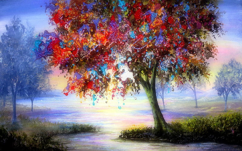 -The Exotic Tree-, stream, attractions in dreams, bonito, most ed, seasons, paintings, outstanding, landscapes, flowers, forests, surreal, traditional art, draw and print, exotic, lovely, colors, love four seasons, unique, creative pre-made, spring, trees, nature, HD wallpaper