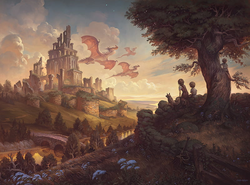 Fantasy, Dragon, Child, Ruin, Tree, HD wallpaper