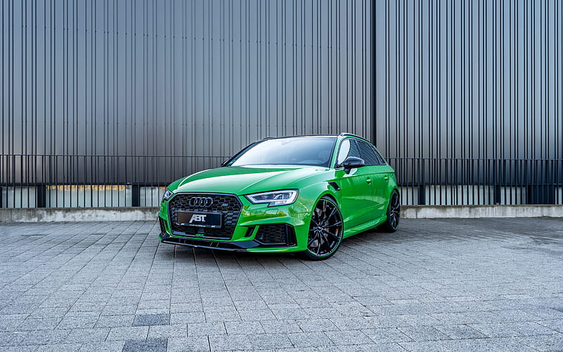Audi RS3 Sportback, 2018, ABT, green wagon, tuning RS3, black wheels, German cars, sports wagon, Audi, HD wallpaper