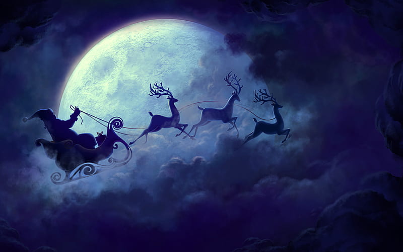 Santa Claus, moon, night, sky, Reindeer Chariot, New Year, Christmas, Santa, HD wallpaper
