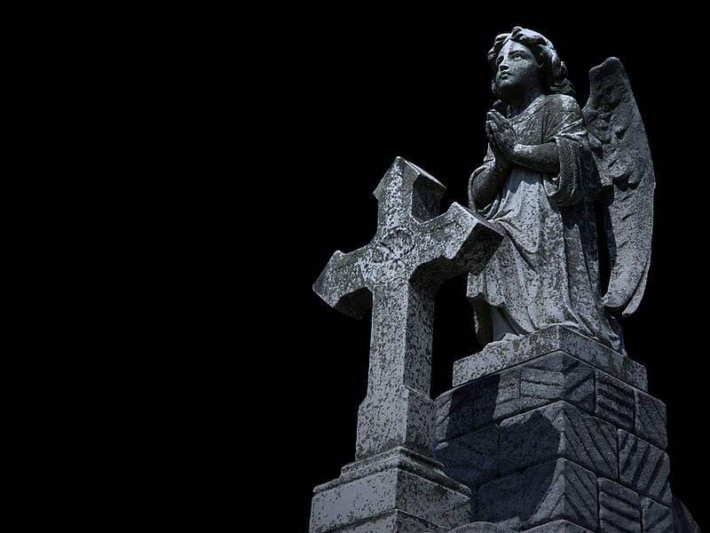 Angel and Cross, graveyard, cross, statue, angel, HD wallpaper
