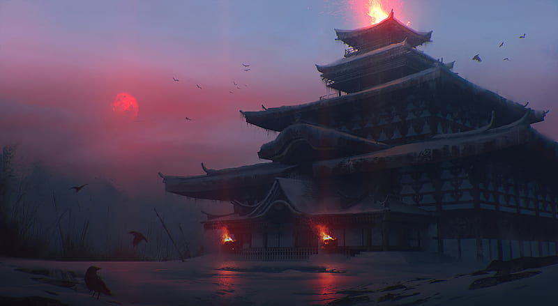 pagoda, temple, castle, japanese temple, fantasy, art, HD wallpaper