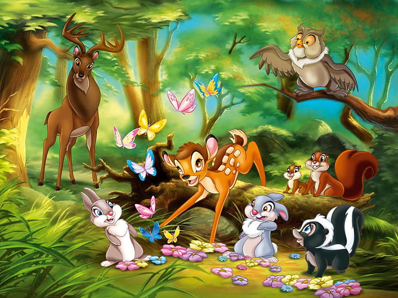 Bambi, Cartoon, Deer, Thumper, Flower, HD wallpaper