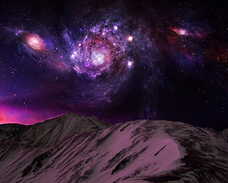 Galaxy, mountain, night, planets, purple, space, stars, HD wallpaper