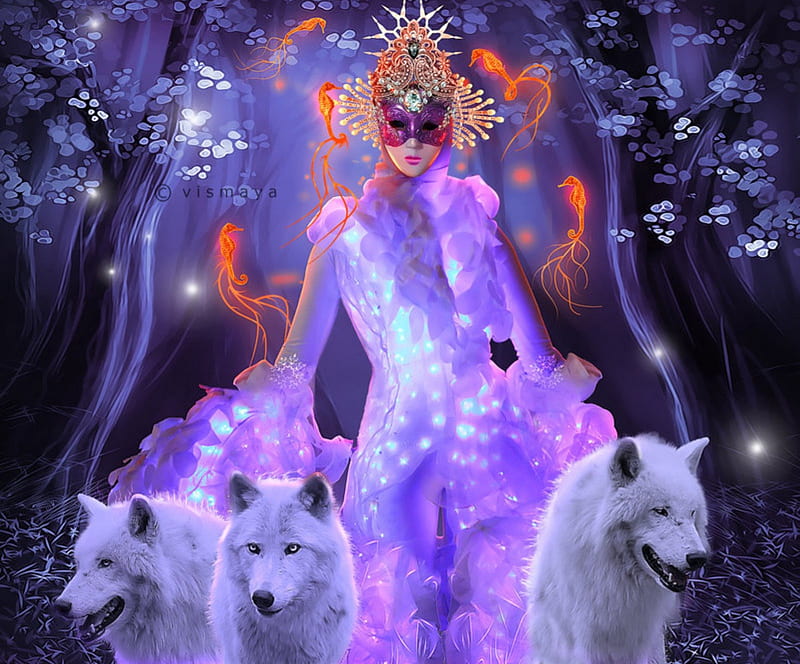 ~Glow Queen with the Wolves~, dress, glow, wonderful, background, queen, digital art, women, animal, fantasy, manipulation, emotional, flowers, girls, female, model, colors, mysterious, fireflies, jewelry, cool, purple, plants, magical, weird things people wear, wolves, sea horses, mask, HD wallpaper