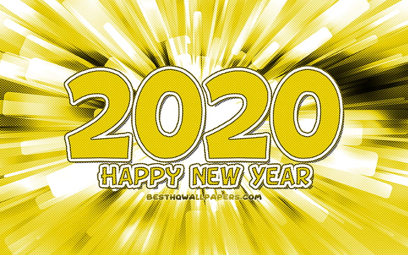 Happy New Year 2020, yellow abstract rays, 2020 yellow digits, 2020 concepts, 2020 on yellow background, 2020 year digits, HD wallpaper