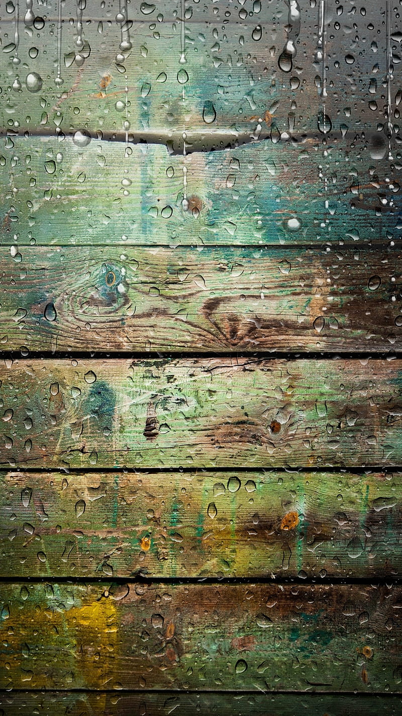 rain, brown, droplets, grain, green, nature, water drops, wood, wooden, HD phone wallpaper