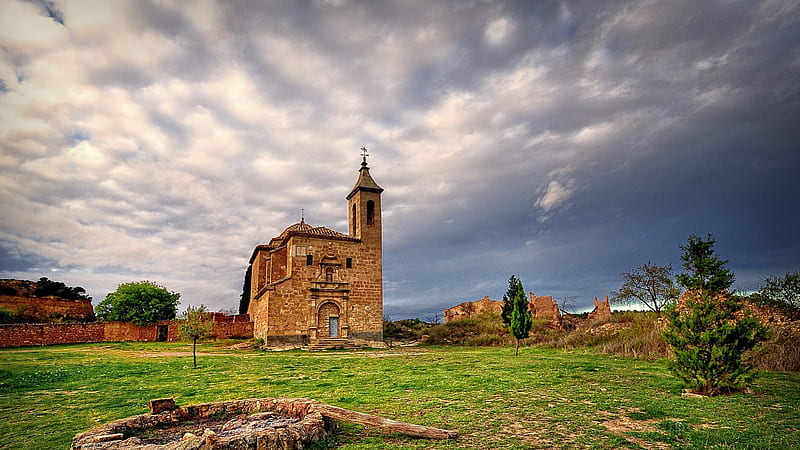 old church in valljunquera spain, brick, grass, church, clouds, old, HD wallpaper