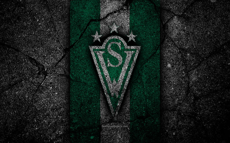 Santiago Wanderers FC, emblem, Chilean Primera Division, soccer, black stone, football club, Chile, Santiago Wanderers, logo, asphalt texture, FC Santiago Wanderers, HD wallpaper
