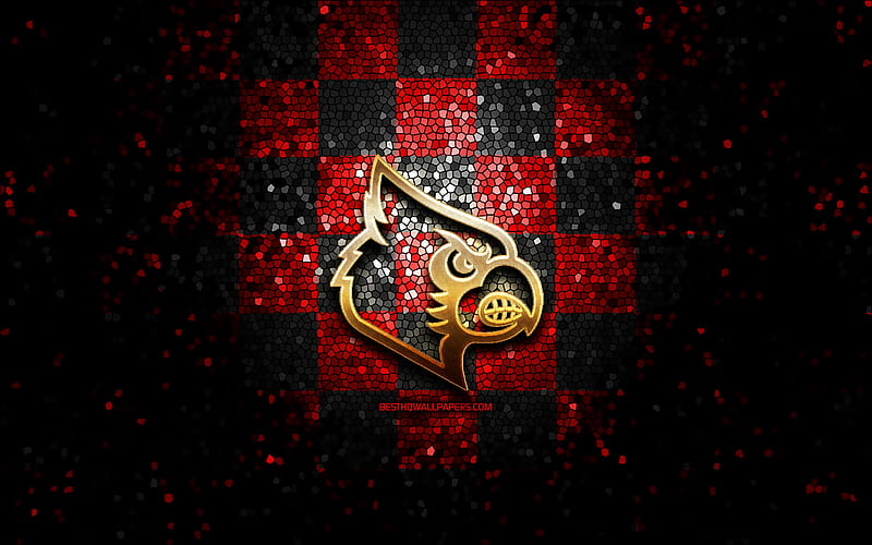 Louisville Cardinals, glitter logo, NCAA, red black checkered background, USA, american football team, Louisville Cardinals logo, mosaic art, american football, America, HD wallpaper