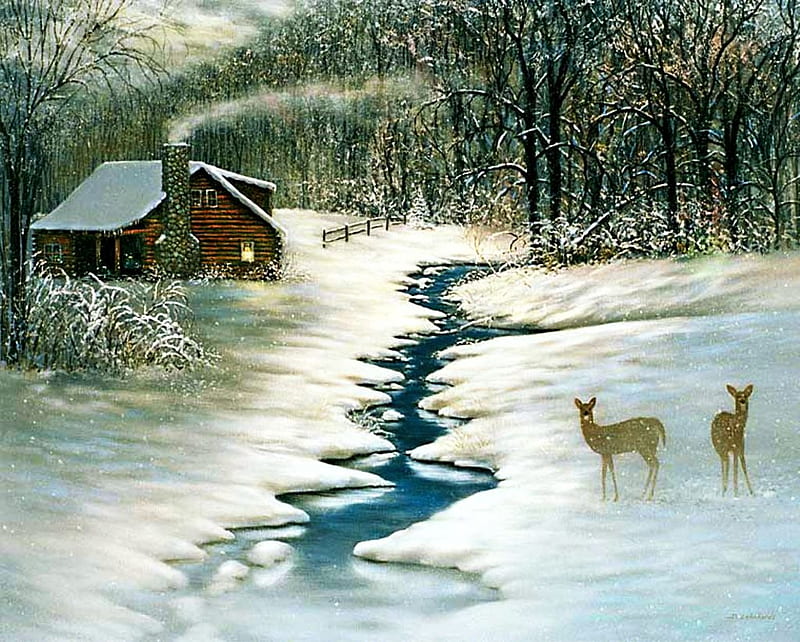 Log Cabin Scene, forest, snow, painting, creek, trees, artwork, winter, deer, HD wallpaper