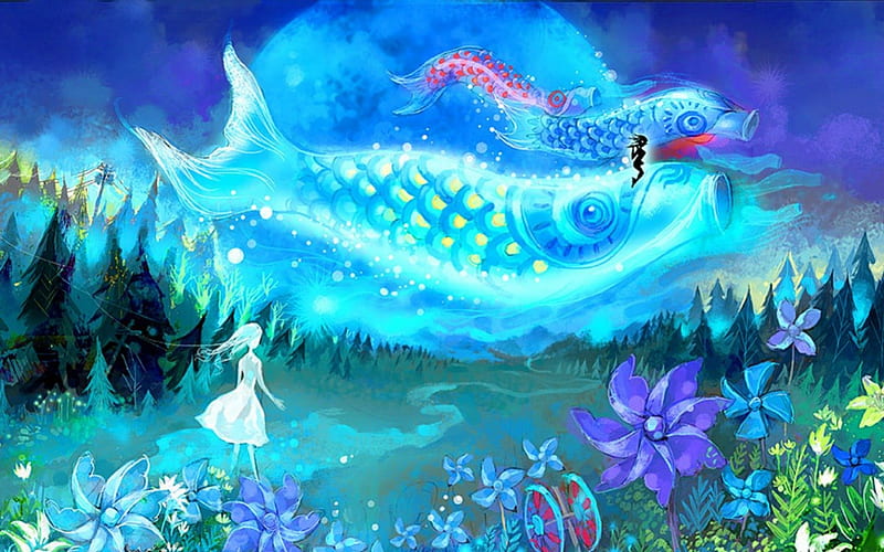 Flying fish, cartoons, fields, fish, girl, HD wallpaper