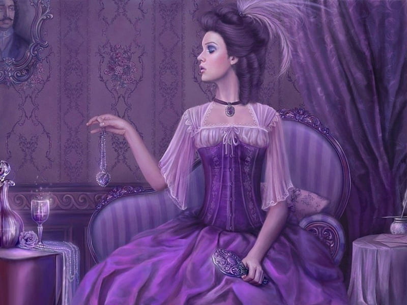 Purple Lounge with Maiden, female, dress, necklace, lace, woman, lounge, purple, feather chair, lady, maiden, HD wallpaper