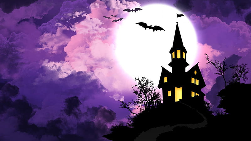 Halloween, castles, moon, bats, illustrations, graphics, hillside, vector, HD wallpaper