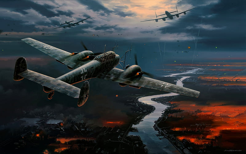 Raiders nocturnos, art, Segunda Guerra Mundial, Messerschmitt, Avro, avión,  Lancaster, Fondo de pantalla HD | Peakpx