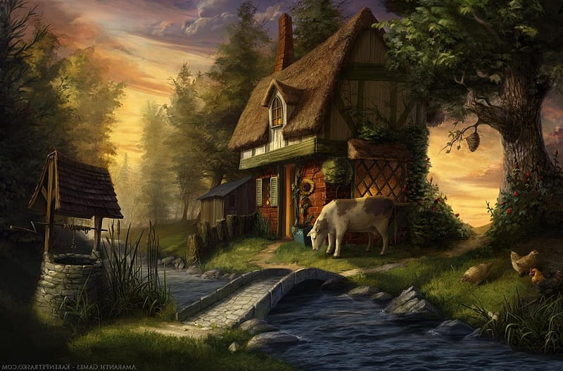 Woodland Cottage, farm, bridge, cottage, painting, creek, HD wallpaper