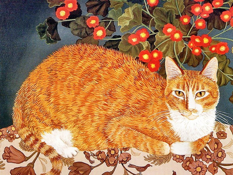 Cat and red flowers * Mimi Vang Olsen, painting mimi vang olsen, art, flower, cat, kitten, animal, HD wallpaper