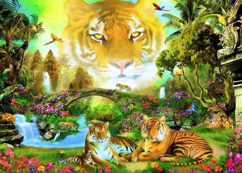 Majestic Tiger Grotto, tigers, butterflies, artwork, bridge, painting, jungle, waterfall, flowers, parrots, river, HD wallpaper