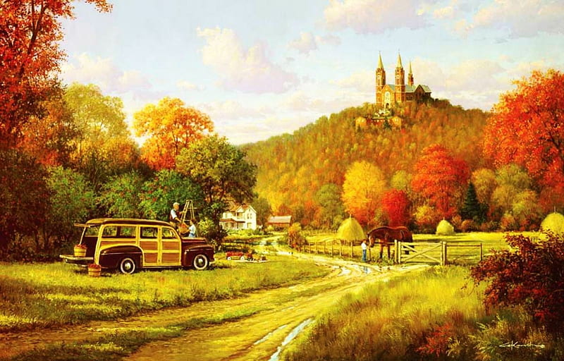 The Holy Hill, fall, autumn, car, painting, path, man, church, vintage, HD wallpaper