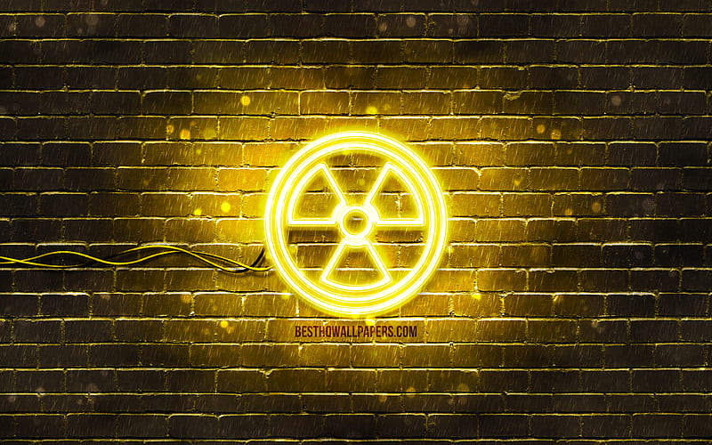 Radioactive neon icon yellow background, neon symbols, Radioactive, creative, neon icons, Radioactive sign, ecology signs, Radioactive icon, ecology icons, HD wallpaper