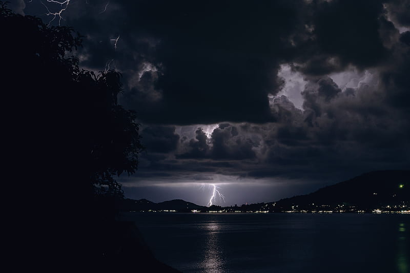 lightning, night, overcast, clouds, river, HD wallpaper