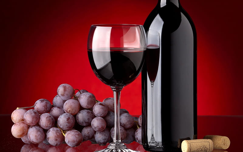 Red, glass, grapes, graphy, food, wine, bottle, abstract, HD wallpaper