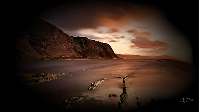 Sandy Beach Evening, Firefox theme, rocks, dawn, twilight, sky, beach, sand, cliff, evening, HD wallpaper
