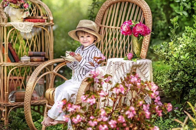 In the garden, tea, hat, boy, green, summer, cup, flower, garden, child, pink, HD wallpaper