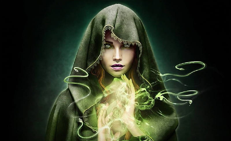 Beautiful Witch, pretty, art, witch, veiled, bonito, magic, woman, fantasy, girl, green, digital, HD wallpaper