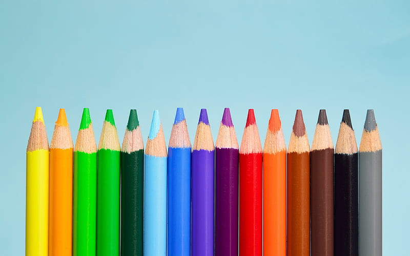 colorful pencils, blue background, close-up, pencils, HD wallpaper
