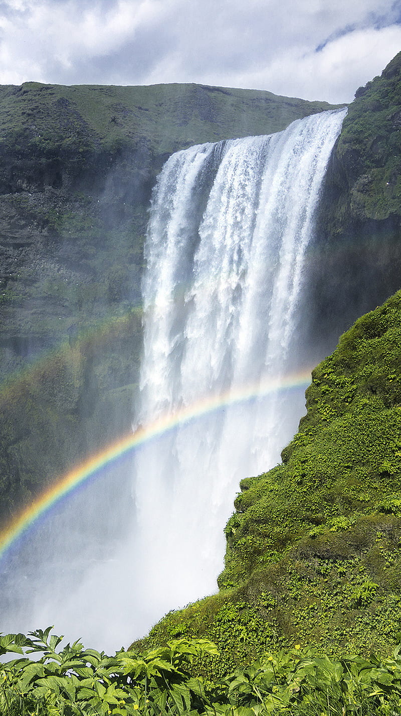 Nature, 2015, clouds, mountains, rainbow, summer, water, waterfall, HD phone wallpaper