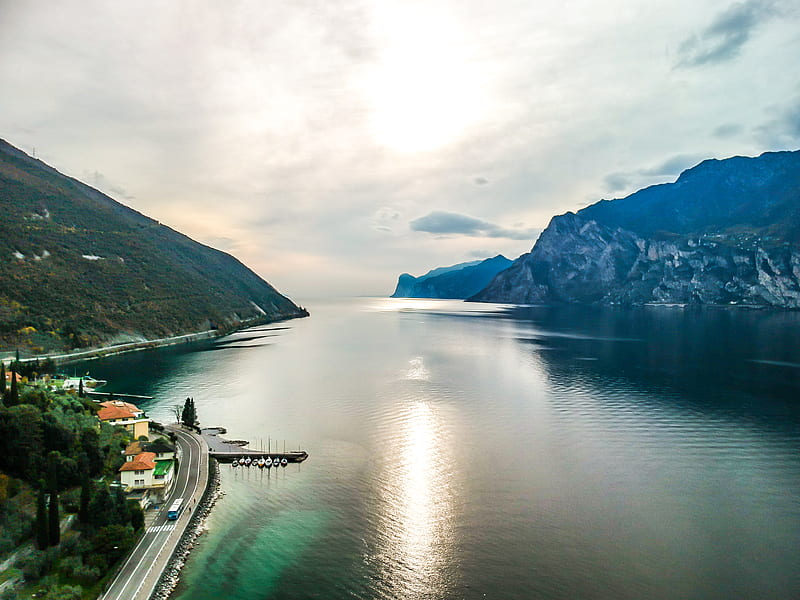 Largest lake Italy, breath, drone, europe, frash air, fresh air, from air, garda lake, holiday, horizon, lakescape, landscape, mountains, natural, outdoor, oxygen, part of the planet, graphy, reflection, sky, sunray, swim, the largest lake in italy, torbole, travel, vultursebastian, HD wallpaper