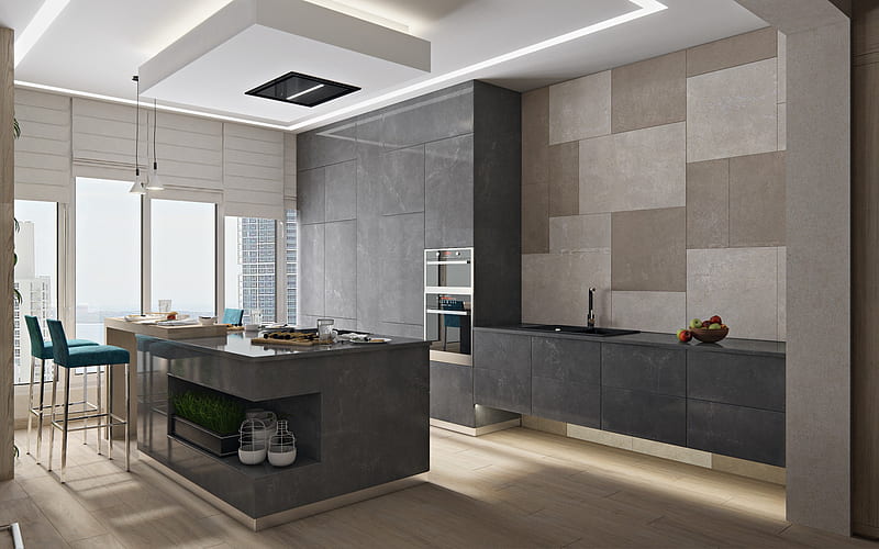 stylish gray kitchen, open space, high ceilings, modern interior design, HD wallpaper