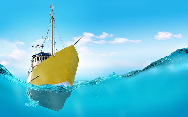 yellow boat, sea, underwater world, 3D art, creative, yellow ship, boat in sea, HD wallpaper