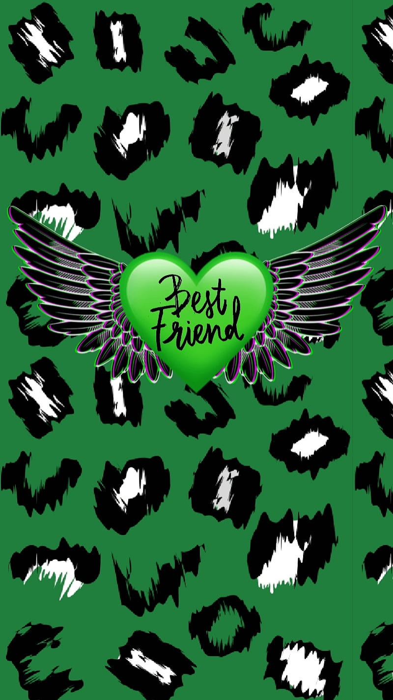 Bestie, green, heart, leopard print, wings, HD phone wallpaper