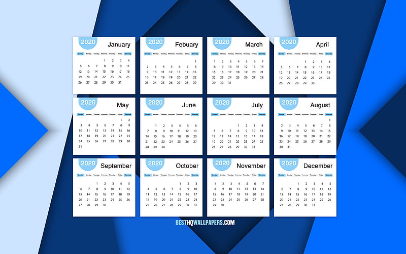 2020 Calendar, all months, Blue 2020 calendar, blue creative background, blue abstraction, 2020 concepts, New Year 2020, calendars, HD wallpaper