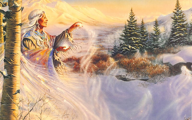 Snow Magic, spirit, shaman woman, native american, snow, HD wallpaper