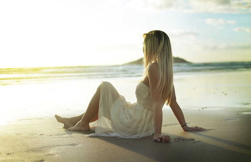 Blonde, beach, sand, dress, girl, posture, sitting, sundress, HD wallpaper