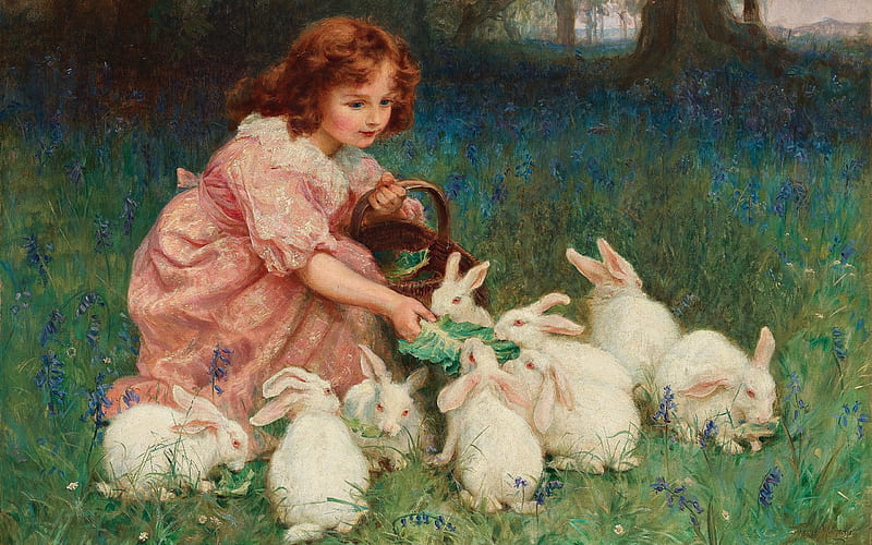 Feeding the rabbits by Frederick Morgan, art, little, dress, rabbit, frederick morgan, animal, girl, painting, copil, child, bunny, pictura, pink, rodent, white, HD wallpaper