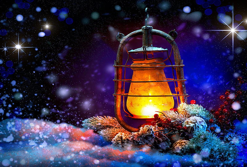 Christmas Lantern, lamp, snow, pinecones, light, HD wallpaper