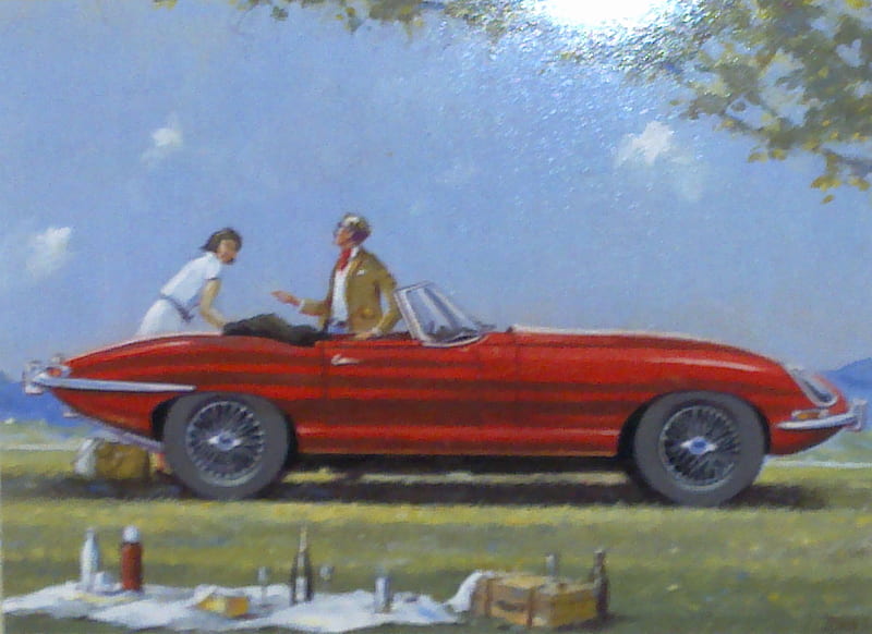 The Jag, red, rag top, summer, sunny, man, jaguar, woman, picnic, HD wallpaper