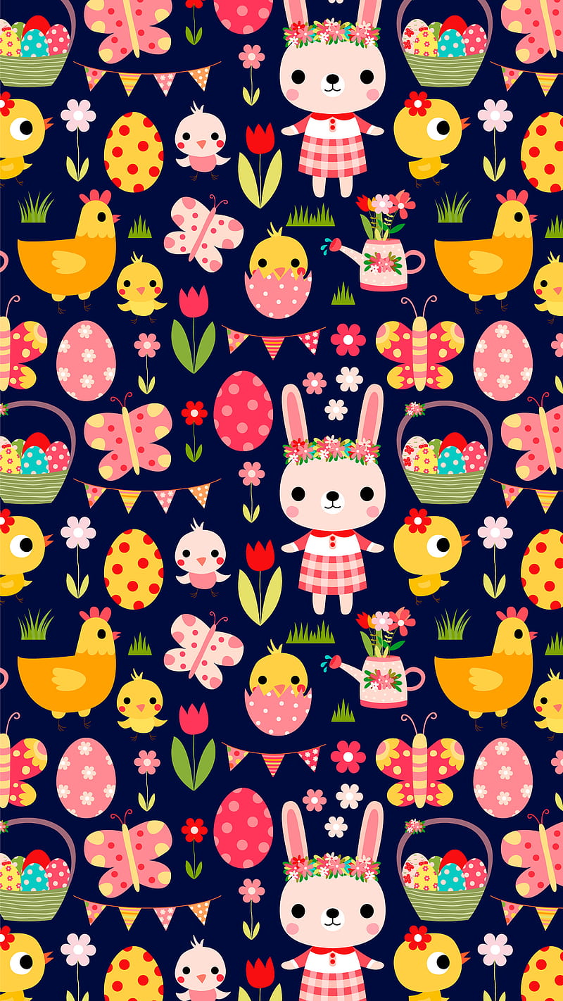 Bunny - Easter Pattern, Koteto, animal, baby, background, basket, butterfly, cartoon, character, chick, chicken, child, color, creative, cute, dark, drawing, ears, egg, eyes, flat, floral, flower, fun, happy, hen, illustration, kawaii, kids, rabbit, spring, tulip, watering can, HD phone wallpaper