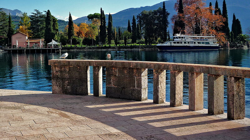 November sun, boat, Riva del Garda, seagull, november, colors, Italy, sun, lake, beautiful, HD wallpaper