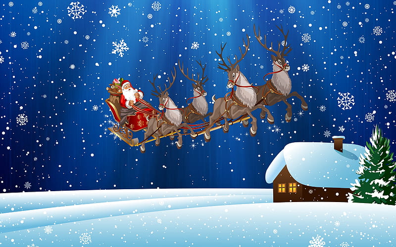 Santa on tour, winter, stars, sleigh, snow, painting, cabin, sky, reindeers, HD wallpaper