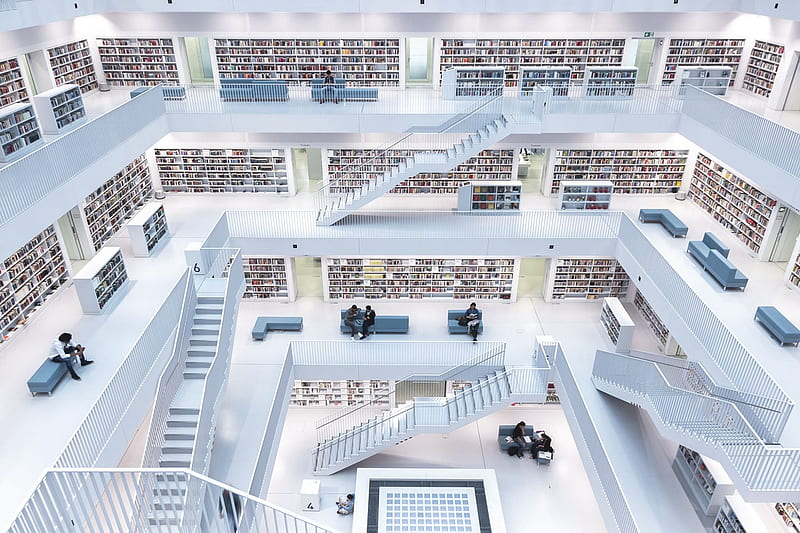 Stuttgart City Library, Wide open space, Stuttgart, Natural light, Modern interior, Germany, City library, HD wallpaper