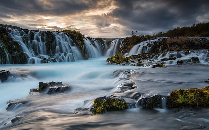 waterfalls, sunset, evening, mountain river, Iceland, HD wallpaper