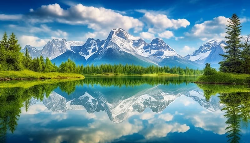 Peaceful lake, Trees, Mountains, Snow, Lake, Reflection, HD wallpaper