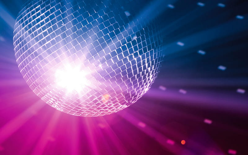 disco ball, neon rays, night club, violet background, music party music concepts, HD wallpaper