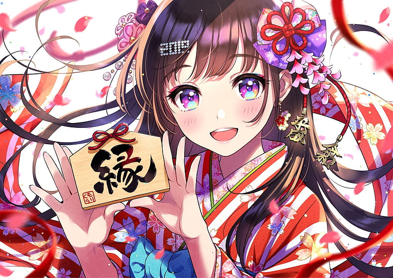 kimono, anime girl, smiling, brown hair, letters, Anime, HD wallpaper