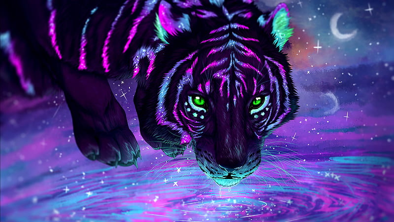 Neon Tiger, 2019, abstract, animal, best, black, blue, cat, cool, HD wallpaper